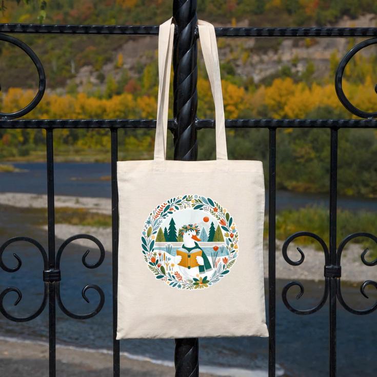 Duck Wilderness Book Reading Illustration Floral Canvas Tote Bag