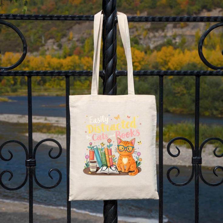 Easily Distracted By Cats And Books Book & Cat Lover Canvas Tote Bag