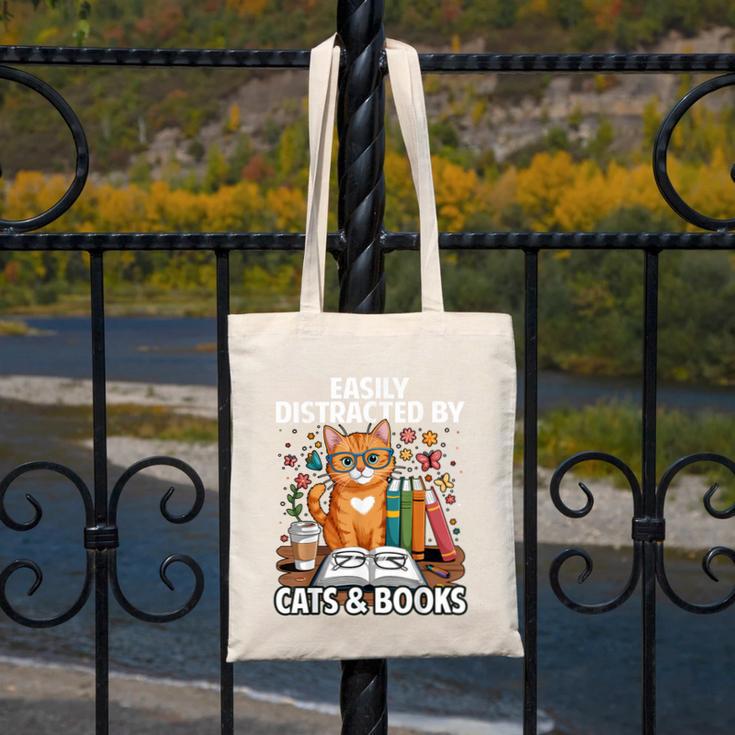 Easily Distracted By Cats And Books Book Lover Cat Canvas Tote Bag