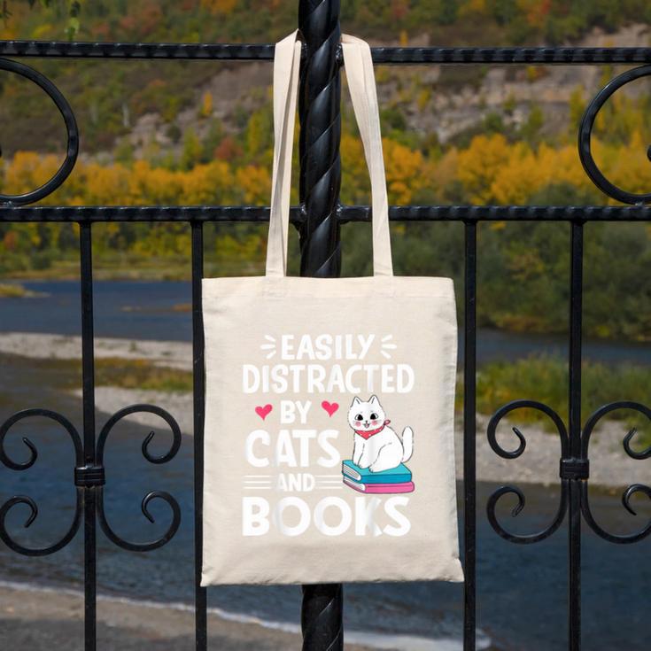 Easily Distracted By Cats And Books Cute Cat And Book Lovers Canvas Tote Bag