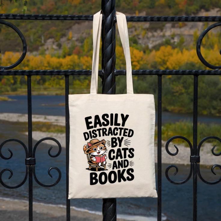 Easily Distracted By Cats And Books Lovers Reading Canvas Tote Bag Easily Distracted By Cats And Books Lovers Reading Canvas Tote Bag