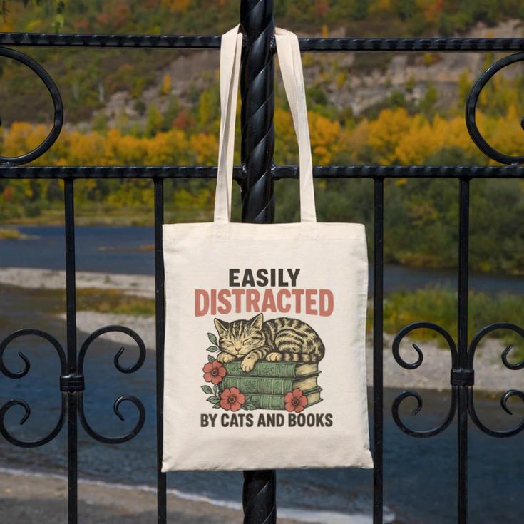 Easily Distracted By Cats And Books Vintage Canvas Tote Bag