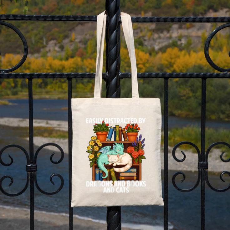 Easily Distracted By Dragons Books Cats Fantasy Book Lover Canvas Tote Bag
