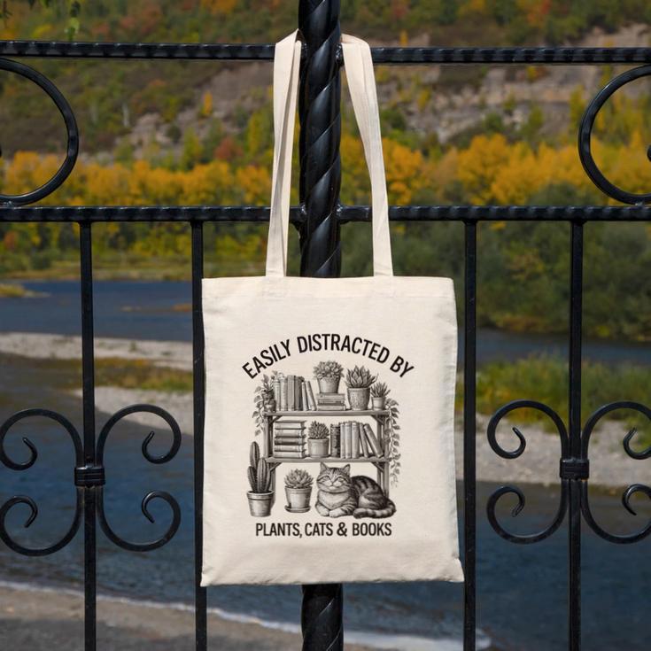 Easily Distracted By Plants Cats & Books Planting Gardening Canvas Tote Bag