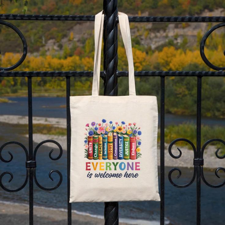 Everyone Is Welcome Here Floral Book LGBT Pride Equality Canvas Tote Bag