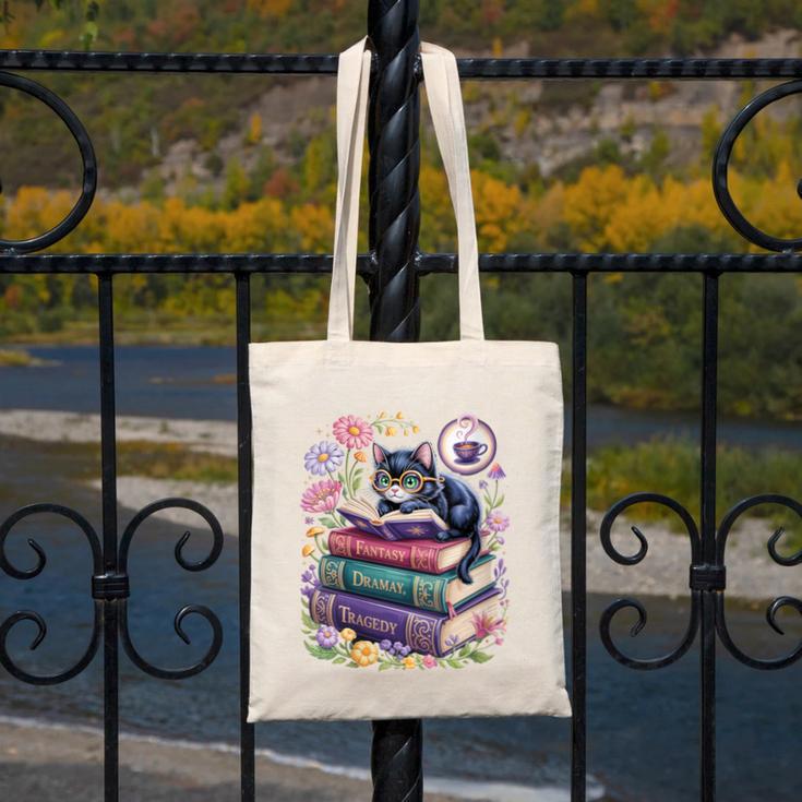 Fantasy Drama Tragedy Cute Cat Book Lover Readers Librarians Canvas Tote Bag Fantasy Drama Tragedy Cute Cat Book Lover Readers Librarians Canvas Tote Bag