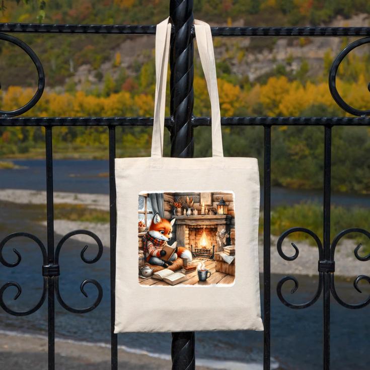 Fox Reads By Fireplace In Cabin Rustic Book Cozy Cup Tea Canvas Tote Bag