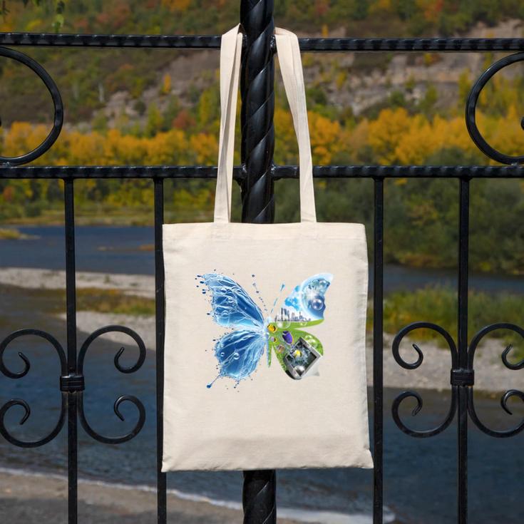 Frutiger Aero Aesthetic Butterfly Computer Fishes Scenery Raglan Baseball Tee Canvas Tote Bag