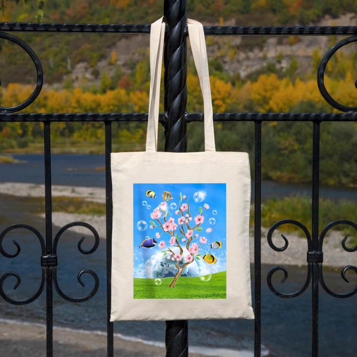 Frutiger Aero Aesthetic Tech Cherry Blossom Fishes Bubbles Canvas Tote Bag