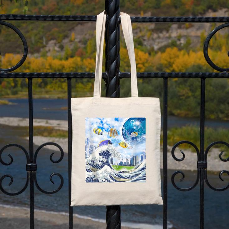 Frutiger Aero Aesthetic Tech Great Wave Of Kanagawa Fishes Canvas Tote Bag