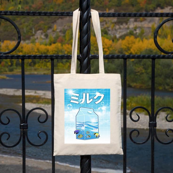 Frutiger Aero Aesthetic Tech Kawaii Milk Underwater Fishes Canvas Tote Bag Frutiger Aero Aesthetic Tech Kawaii Milk Underwater Fishes Canvas Tote Bag