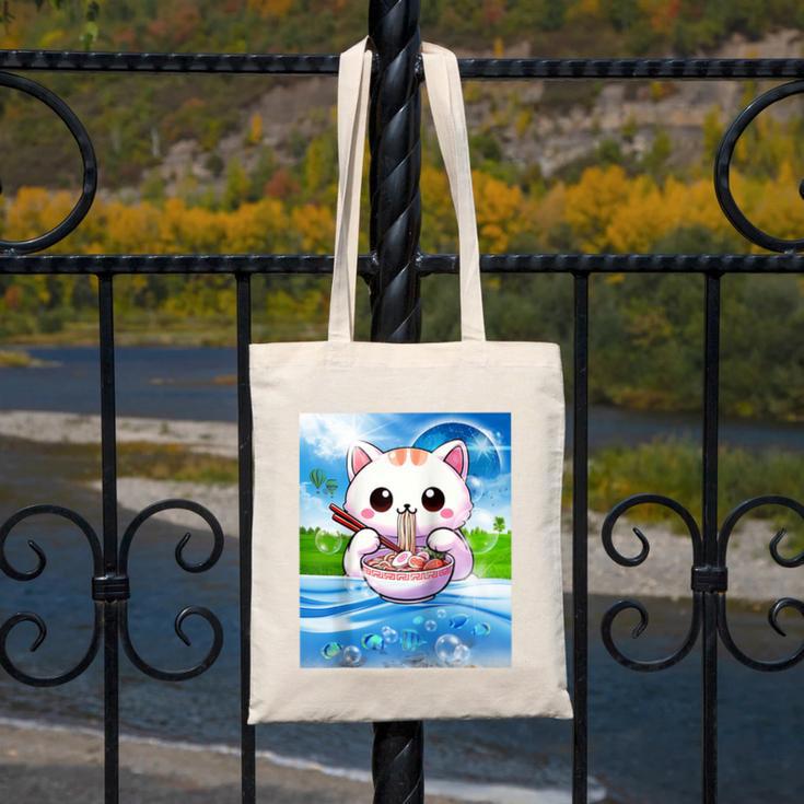 Frutiger Aero Aesthetic Tech Kawaii Ramen Cat Fishes Raglan Baseball Tee Canvas Tote Bag
