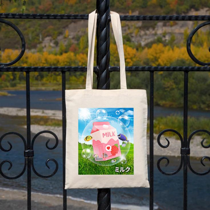 Frutiger Aero Aesthetic Tech Kawaii Strawberry Milk Fishes Canvas Tote Bag