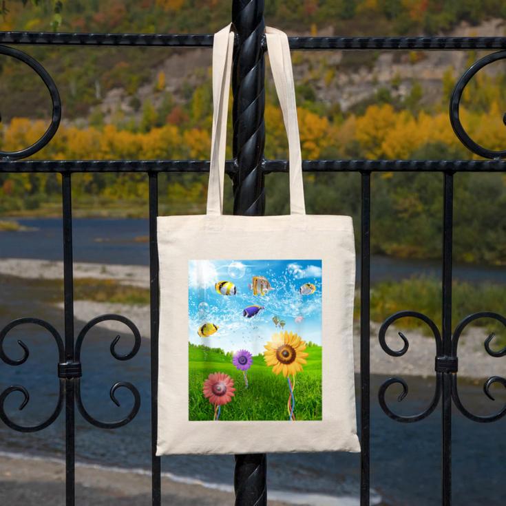Frutiger Aero Aesthetic Tech Scenery Fishes Sunflower Canvas Tote Bag Frutiger Aero Aesthetic Tech Scenery Fishes Sunflower Canvas Tote Bag