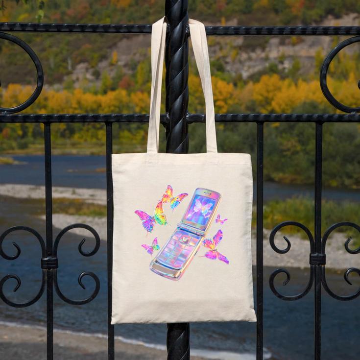 Frutiger Aero Y2K Chrome Phone Butterfly Canvas Tote Bag Frutiger Aero Y2K Chrome Phone Butterfly Canvas Tote Bag