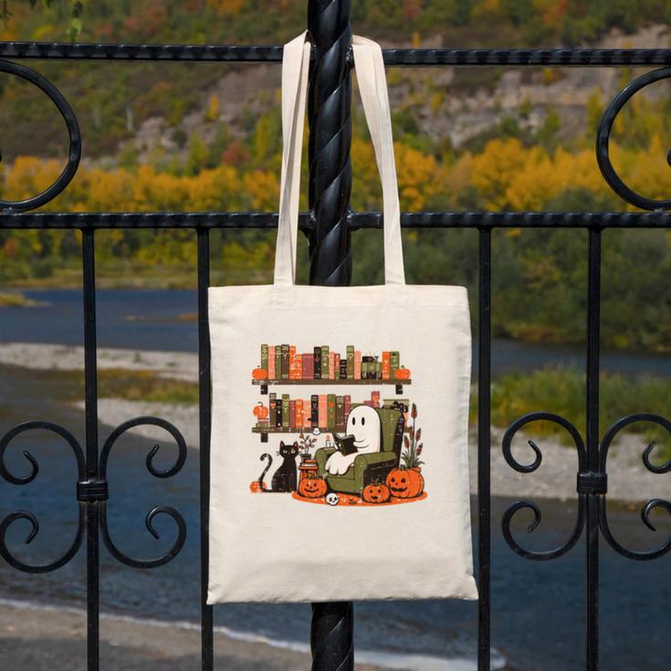 Ghost Library Reading Books Halloween Men Women Kids Canvas Tote Bag