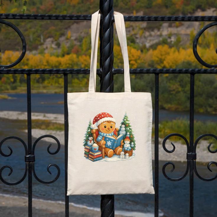 Gingerbread Reading Book Lovers Christmas Bookworm Librarian Canvas Tote Bag Gingerbread Reading Book Lovers Christmas Bookworm Librarian Canvas Tote Bag