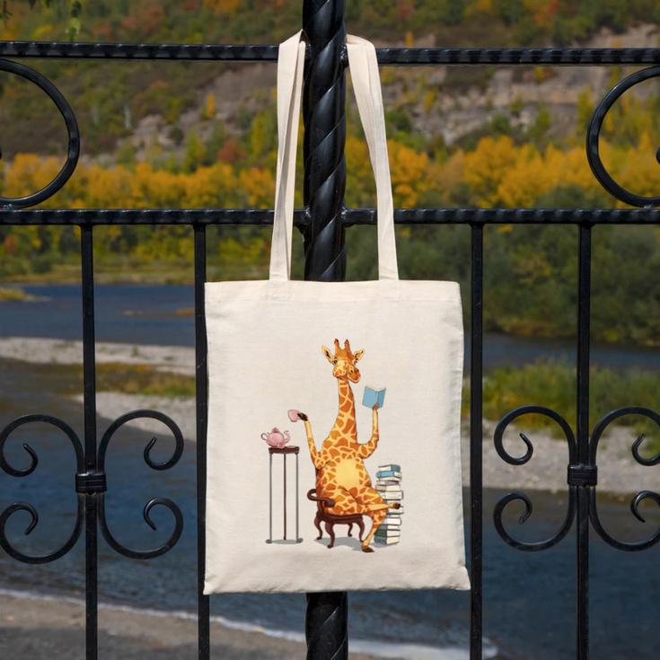 Giraffe Reading Tea Books Coffee Book Lover Graphic Canvas Tote Bag Giraffe Reading Tea Books Coffee Book Lover Graphic Canvas Tote Bag