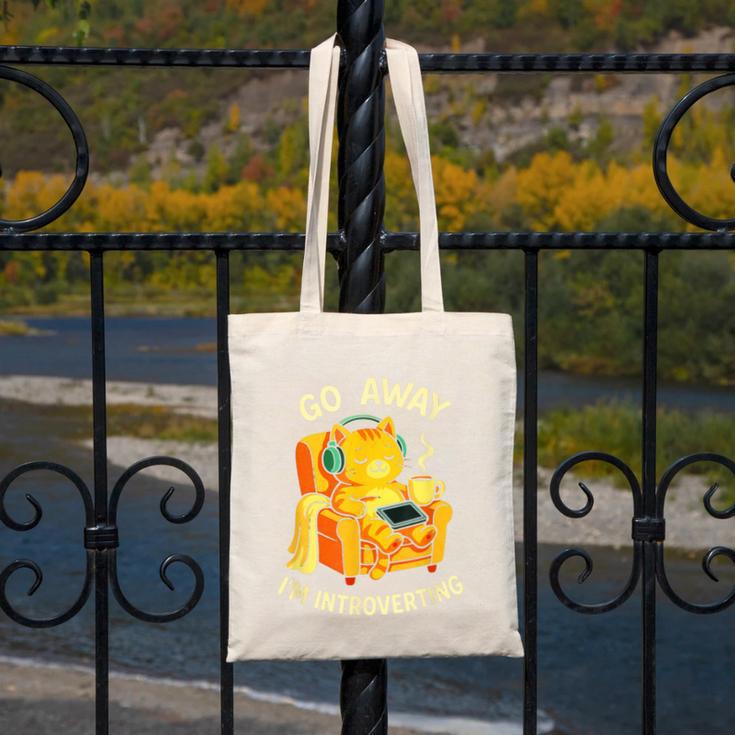 Go Away I'm Introverting Cat Coffee Headphones Canvas Tote Bag