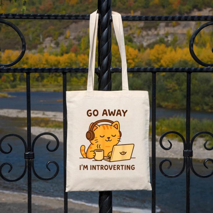 Go Away I'm Introverting Cozy Cat With Laptop And Coffee Canvas Tote Bag Go Away I'm Introverting Cozy Cat With Laptop And Coffee Canvas Tote Bag