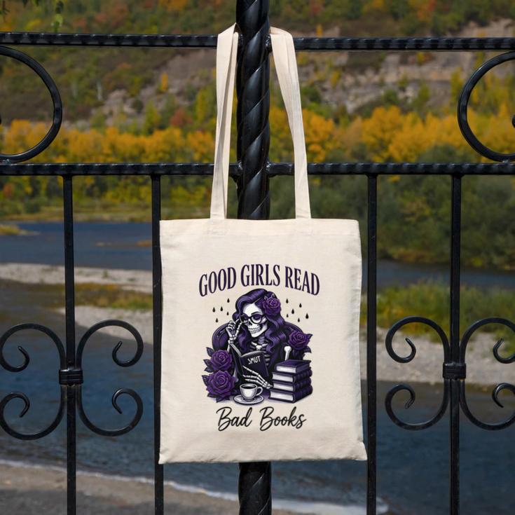 Good Girls Read Bad Books Sarcastic Skeleton Goth Skull Canvas Tote Bag