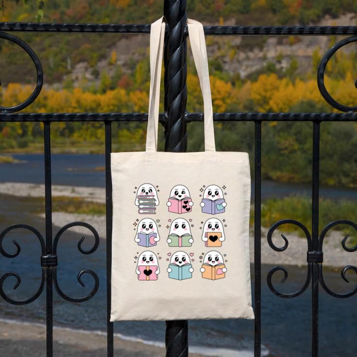 Halloween Ghosts Reading Books Pattern Spooky Kawaii Anime Canvas Tote Bag