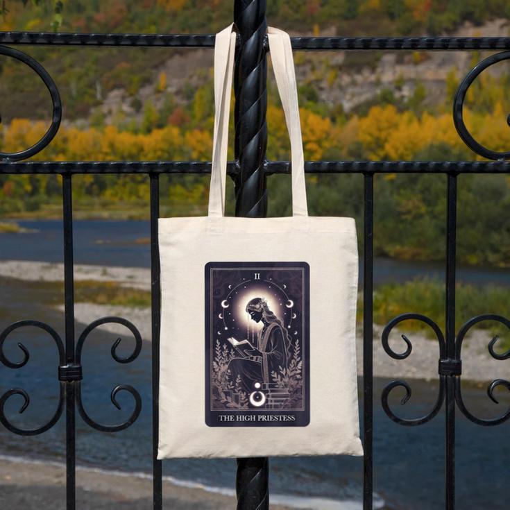 High Priestess Tarot Art Celestial Mystic Book Lover Canvas Tote Bag