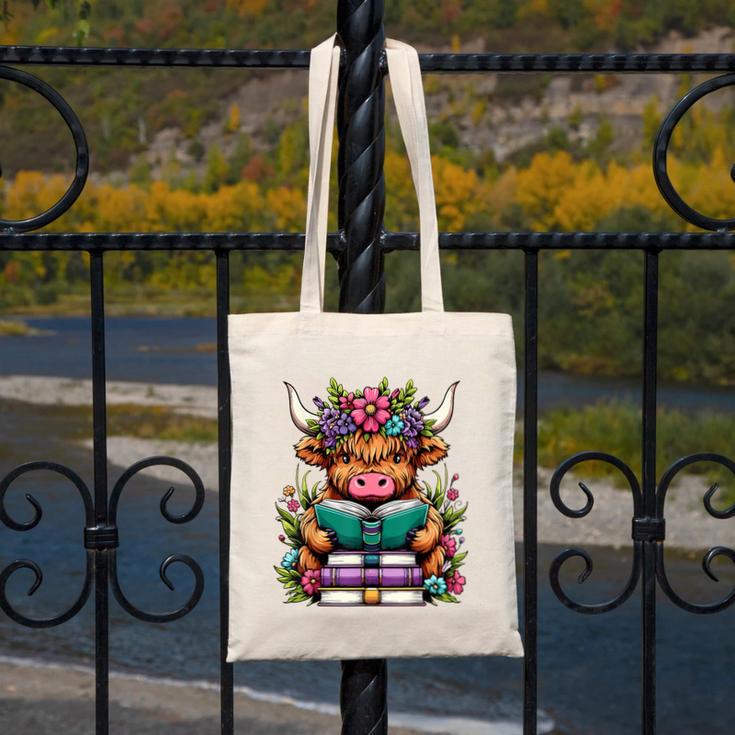 Highland Cow Book Floral Bookworm Canvas Tote Bag