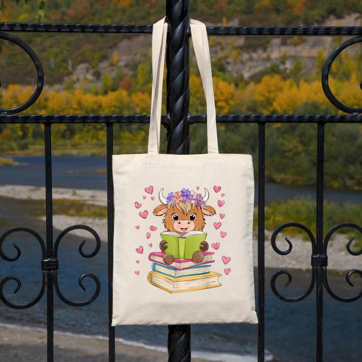 Highland Cow Reading Book Floral Bookworm Canvas Tote Bag