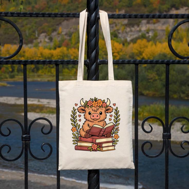 Highland Cow Reading Book Graphic Cow With Book Floral Canvas Tote Bag