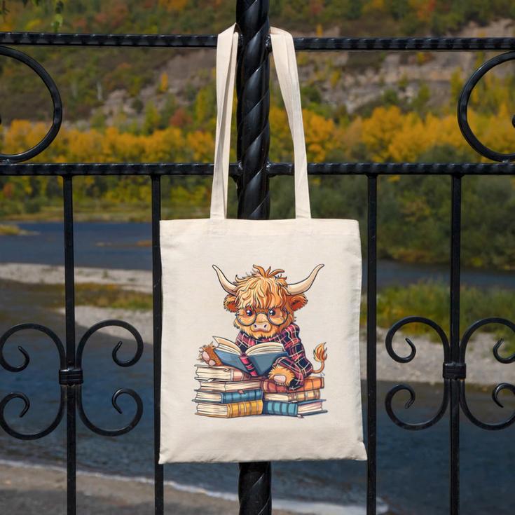 Highland Cow Reading Book Librarian Library Canvas Tote Bag