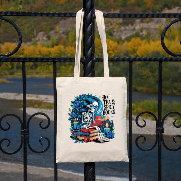 Hot Tea & Spicy Books Skeleton Reader Canvas Tote Bag