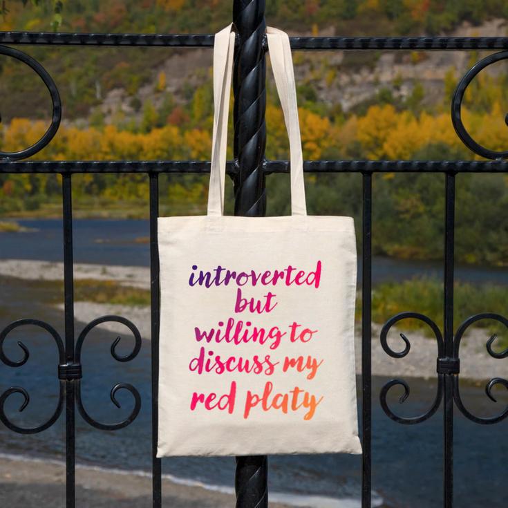 Introverted Willing To Discuss Red Platy Introvert Canvas Tote Bag Introverted Willing To Discuss Red Platy Introvert Canvas Tote Bag