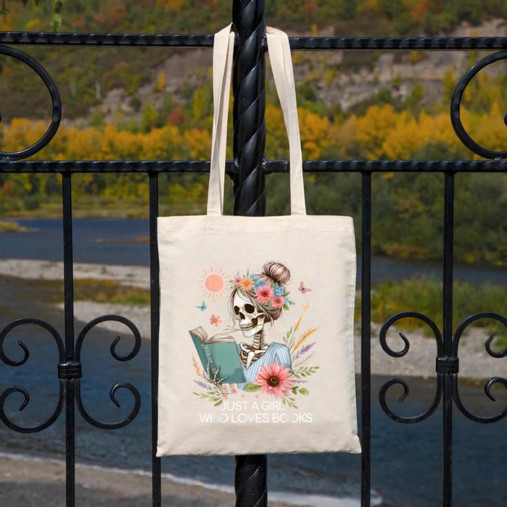 Just A Girl Who Loves Books Messy Bun Book Skeleton Bookworm Canvas Tote Bag Just A Girl Who Loves Books Messy Bun Book Skeleton Bookworm Canvas Tote Bag