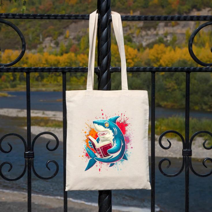 Kawaii Shark Reads Book Reading Library Book Bookworm Canvas Tote Bag