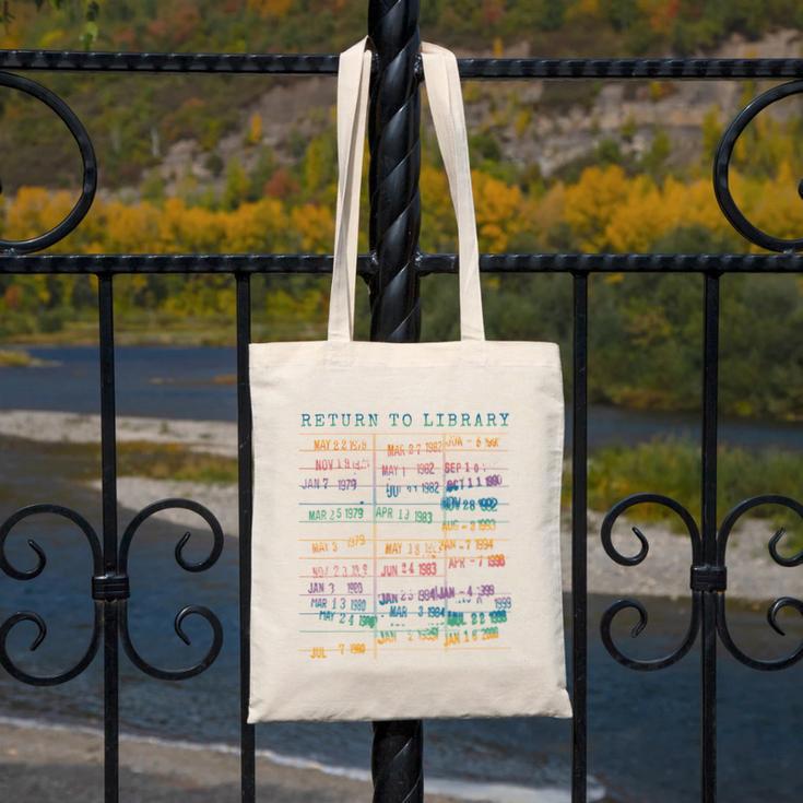 Library Card Vintage Book Due Date Bookish Rainbow Reading Canvas Tote Bag