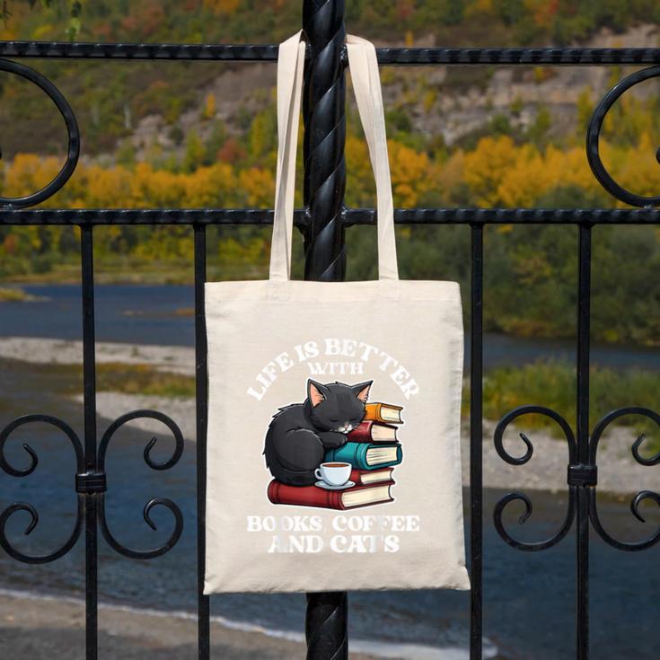 Life Is Better With Books Cats & Coffee Librarian Book Lover Canvas Tote Bag