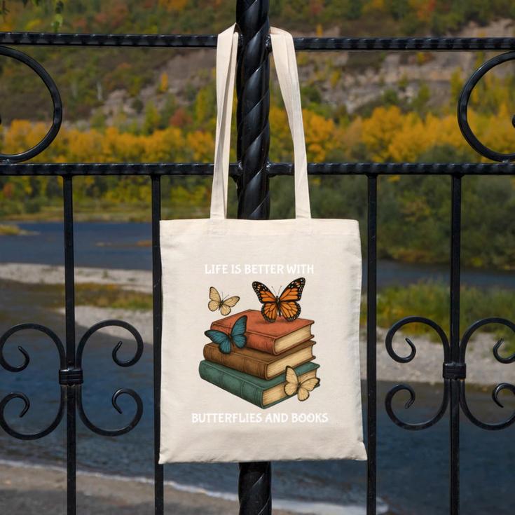 Life Is Better With Butterflies And Books Cute Butterfly Canvas Tote Bag
