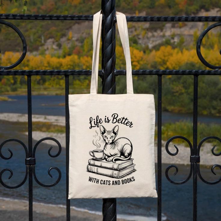 Life Is Better With Cats & Books Sphynx Cat Mom Women Canvas Tote Bag