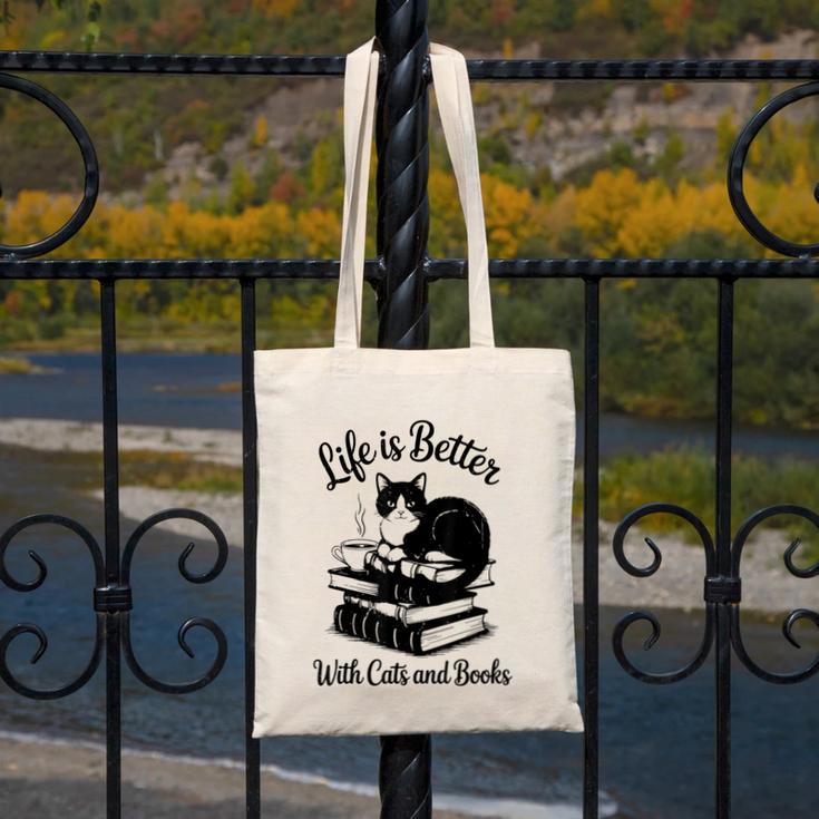 Life Is Better With Cats & Books Tuxedo Cat Mom Women Canvas Tote Bag