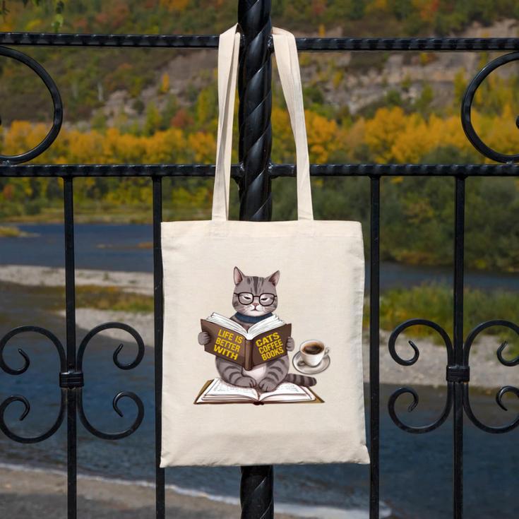 Life Is Better With Cats Coffee Books Cat Reading Book Canvas Tote Bag