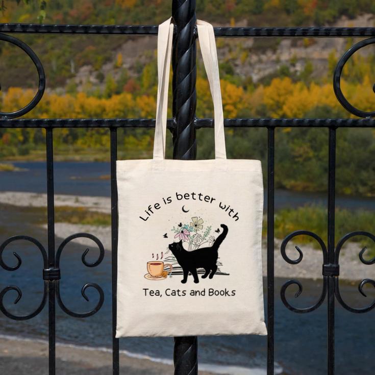 Life Is Better With Tea Cats And Books Cat Sayings Canvas Tote Bag