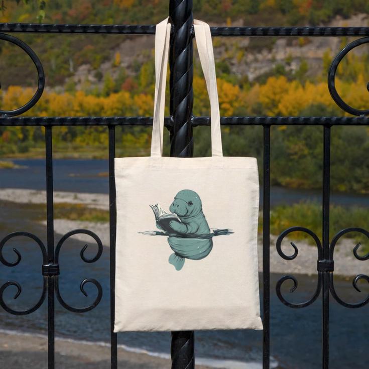 Manatee Reading Book Bookworm Manatees Ocean Animal Lover Canvas Tote Bag