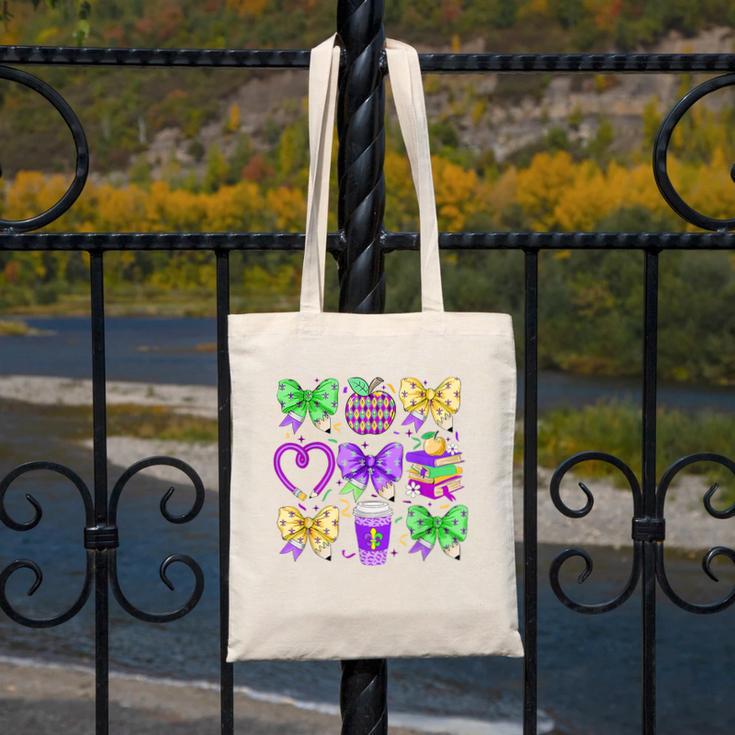Mardi Gras Teacher Coquette Bow Pencil Apple Book Women Girl Canvas Tote Bag Mardi Gras Teacher Coquette Bow Pencil Apple Book Women Girl Canvas Tote Bag