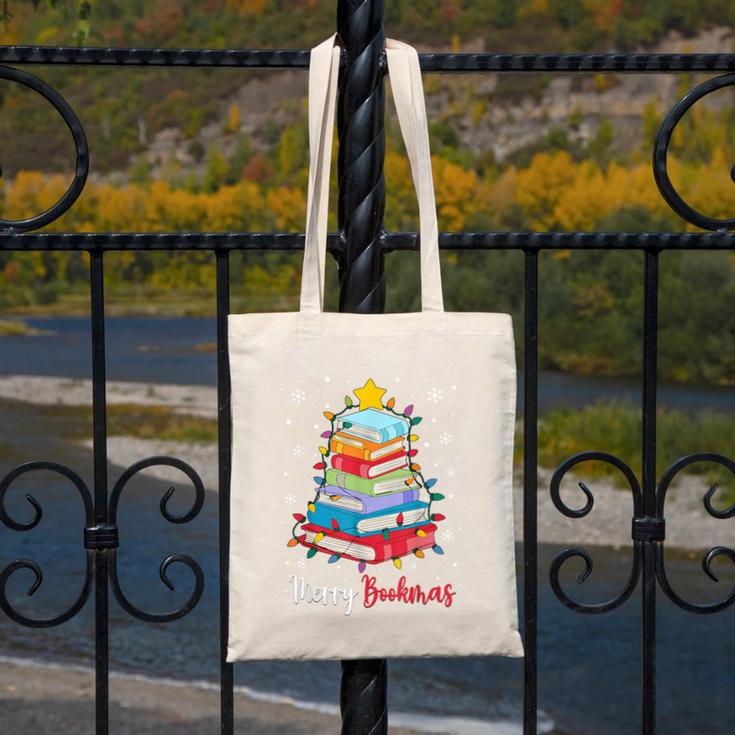 Merry Bookmas Book Christmas Tree Lights Xmas Men Women Kids Canvas Tote Bag