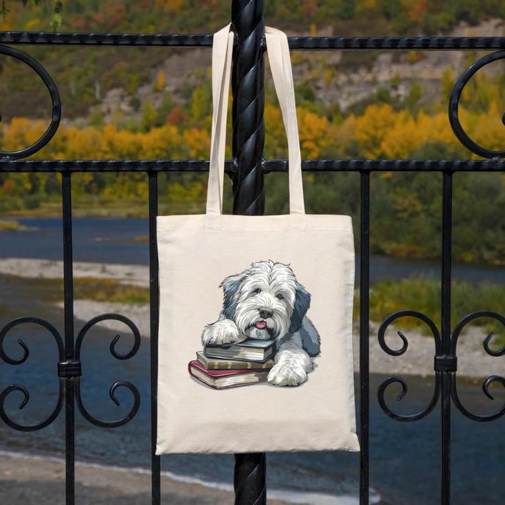 Old English Sheepdog Books Reading Dog Breed Graphic Canvas Tote Bag Old English Sheepdog Books Reading Dog Breed Graphic Canvas Tote Bag