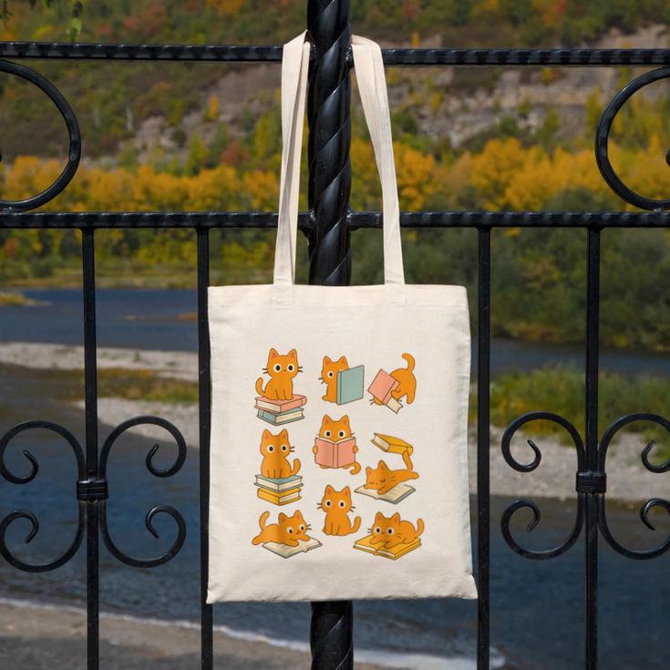Orange Cats Reading Books Cat Lover Canvas Tote Bag