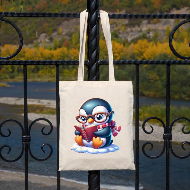Penguin Reading a Book Animal Canvas Tote Bag Penguin Reading a Book Animal Canvas Tote Bag