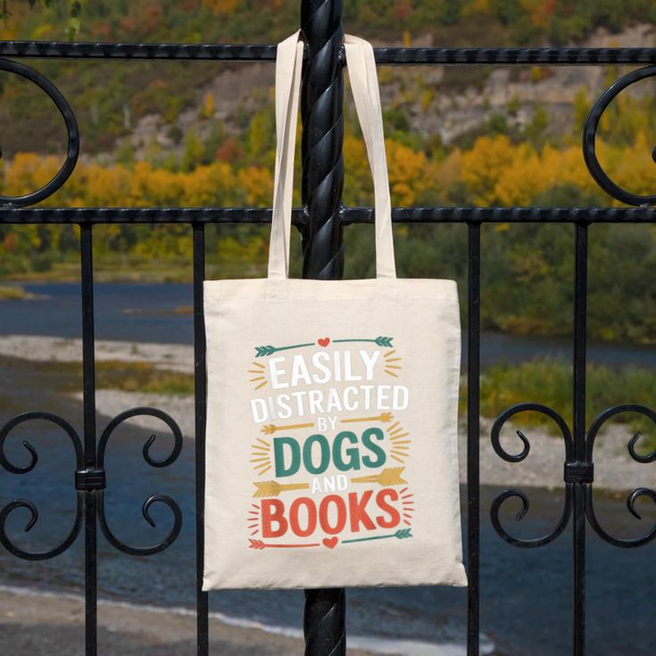 Pet Lover Joke Easily Distracted By Dogs And Books Men Canvas Tote Bag