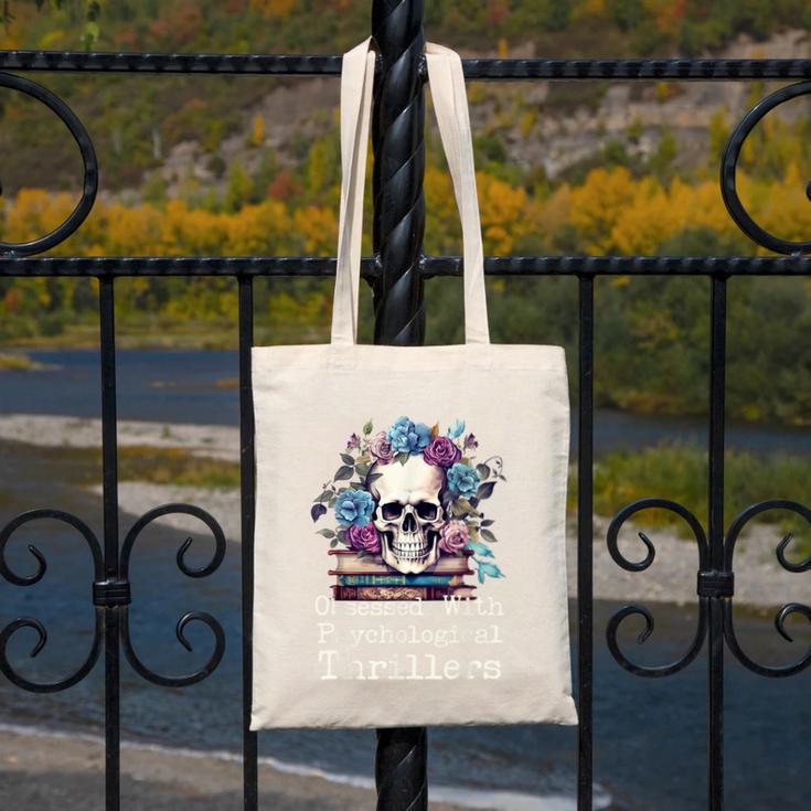 Psychological Thriller Reader Fan Skull Flowers Books Canvas Tote Bag